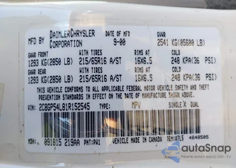 2001 Chrysler Town & Country Lxi z USA, uszkodzony, nr VIN 2C8GP54L81R152545